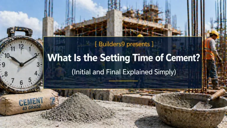 Construction site showing cement mix, trowel, and clock illustrating initial and final setting time of cement