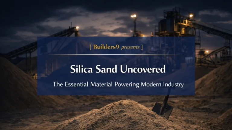 Pile of silica sand at an industrial site with machinery in the background during evening lighting