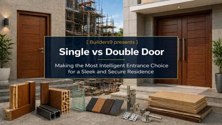 Single and double wooden doors with construction materials and hardware displayed, comparing entrance options for modern residential buildings