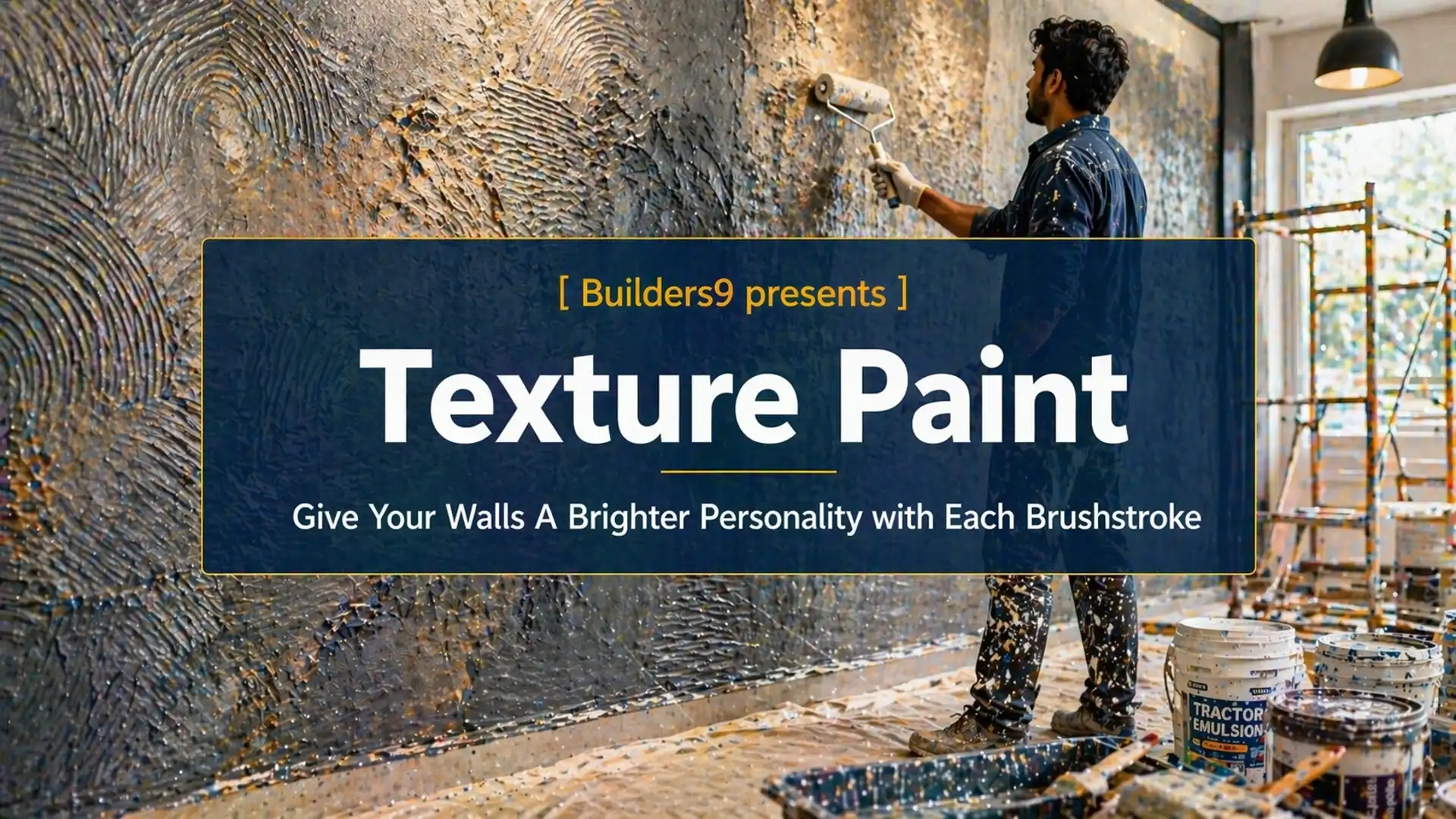 Worker applying texture paint on wall using roller creating decorative finish in an interior space