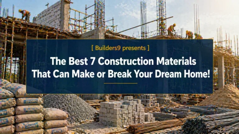 Construction site with cement bags, bricks, steel rods, and aggregates used for building a house