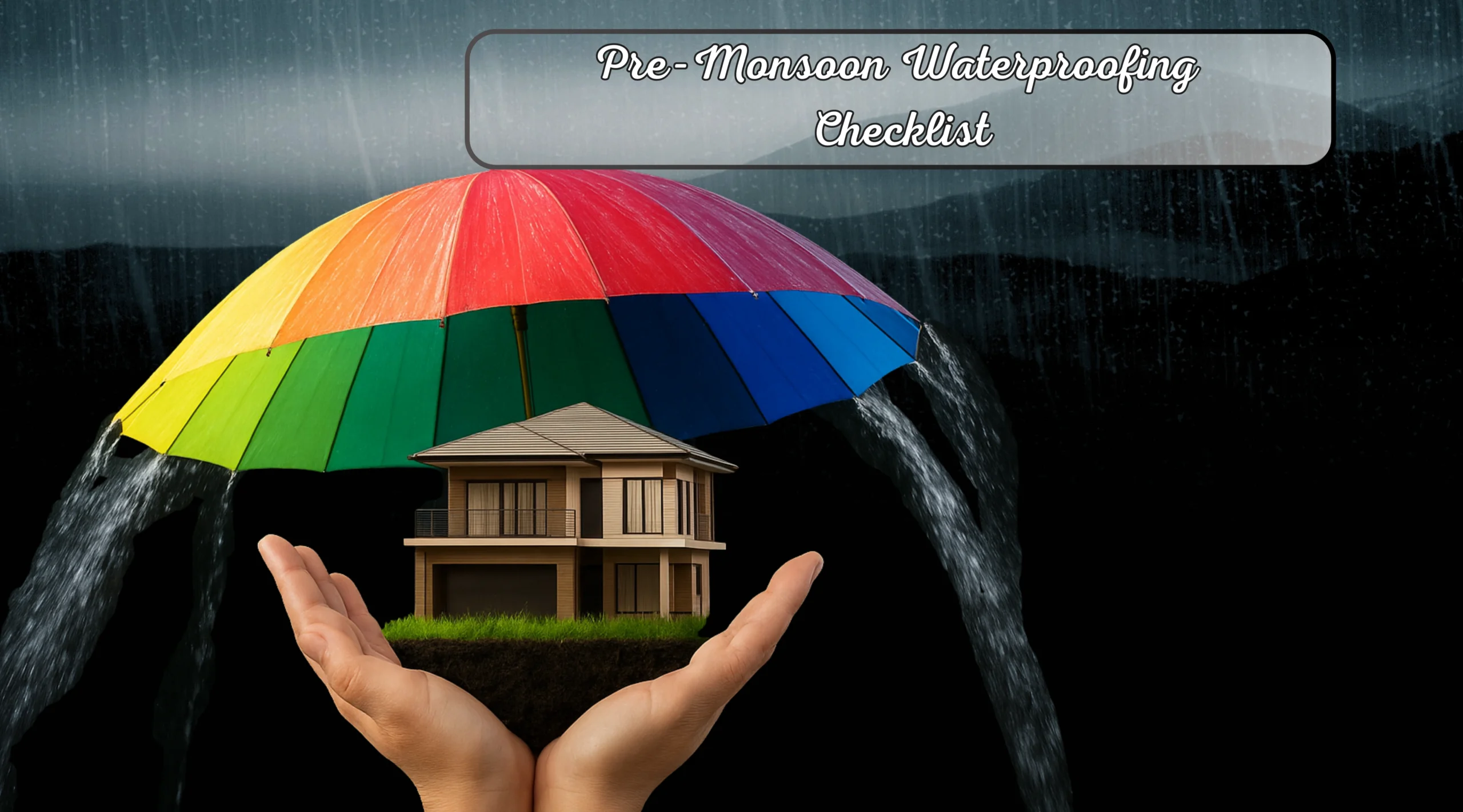 A pair of hands holds a small house under a large, colorful umbrella deflecting rain. Text above reads “Pre-Monsoon Waterproofing Checklist,” highlighting the importance of a pre-monsoon maintenance and waterproofing checklist as rain falls in the dark background.