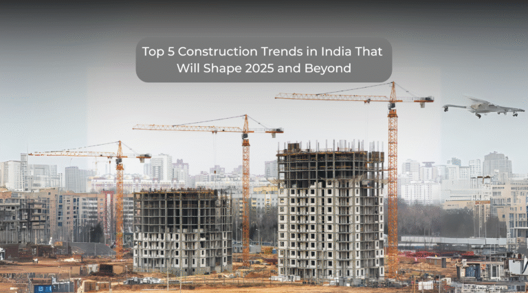 A cityscape with three high-rise buildings under construction, several tower cranes, and a drone flying overhead. The text reads: Top 5 Construction Trends India That Will Shape 2025 and Beyond.