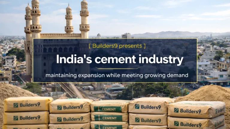 Cement bags at a construction site with Hyderabad cityscape in background highlighting India's cement industry growth and demand