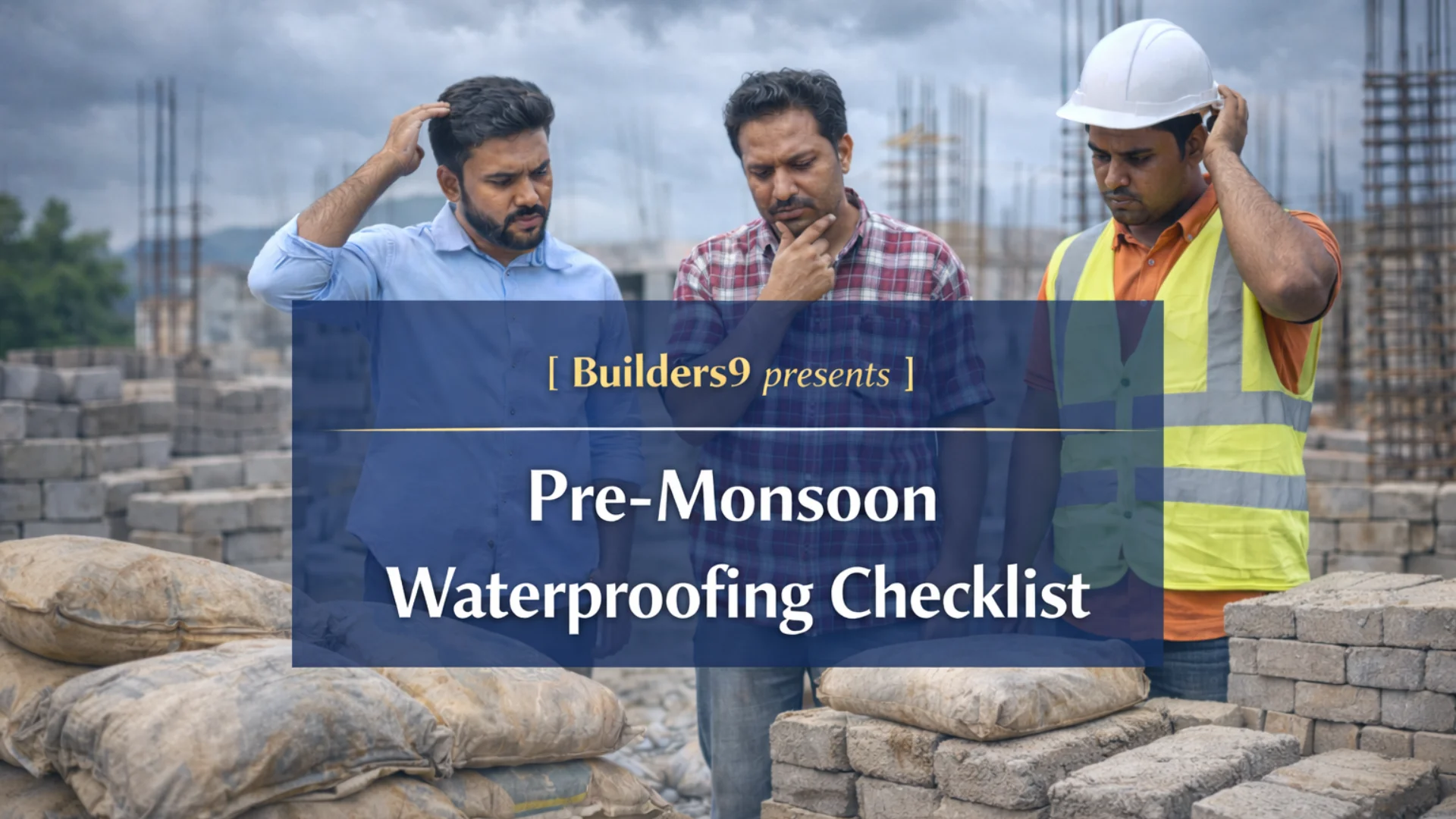 Construction workers inspecting materials at a site before monsoon, highlighting the importance of waterproofing preparation and structural protection