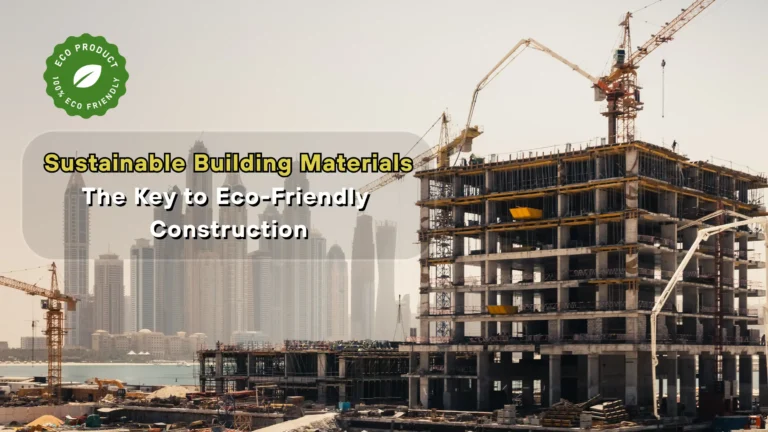 A multi-story building under construction near water with cranes, scaffolding, and city skyscrapers in the background highlights eco-friendly construction. Text overlay reads: “Sustainable Building Materials: The Key to Eco-Friendly Construction.”.