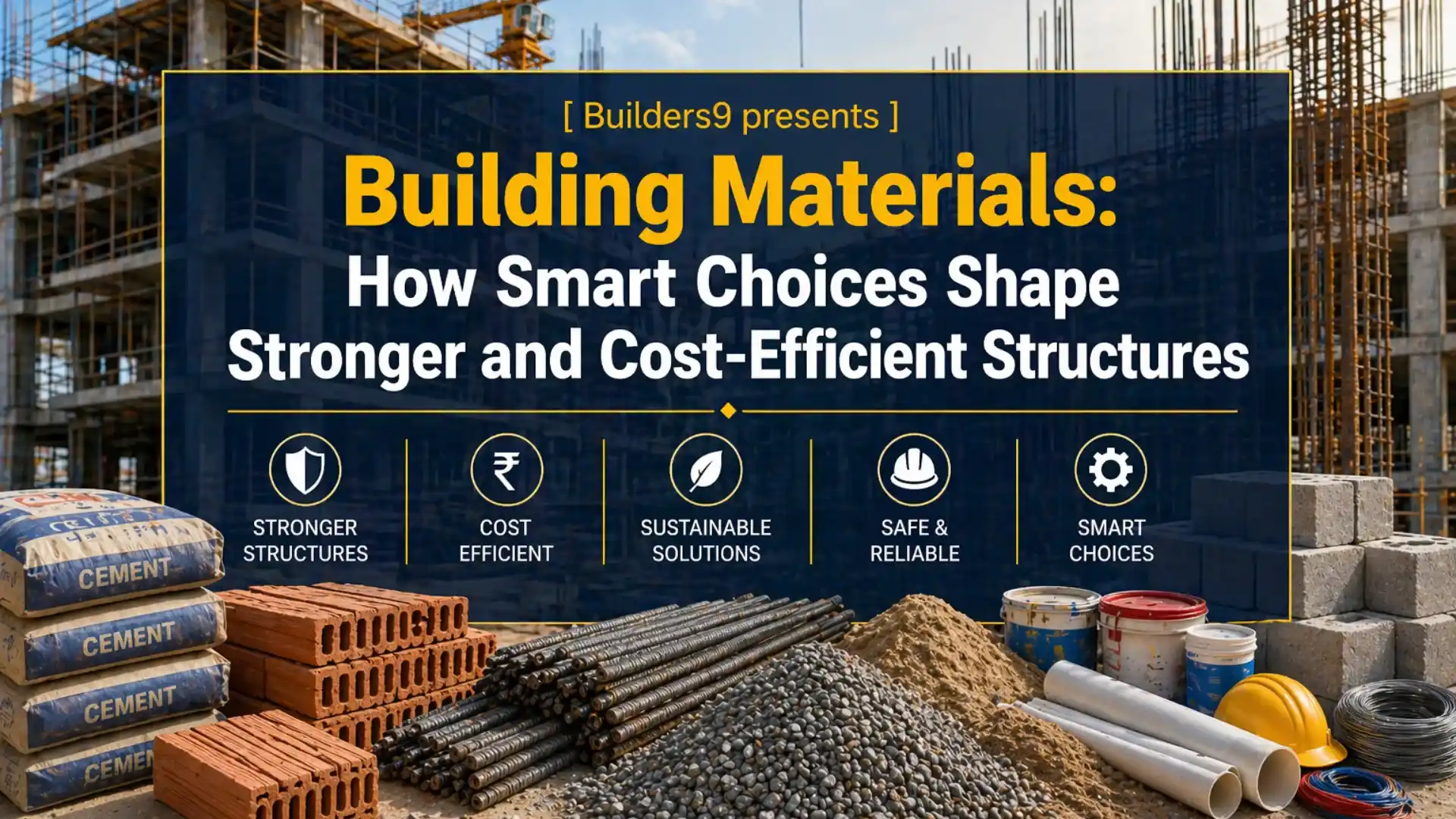 Construction materials like cement bags, bricks, steel rods, sand, and pipes at a building site highlighting smart choices for strong and cost-efficient structures