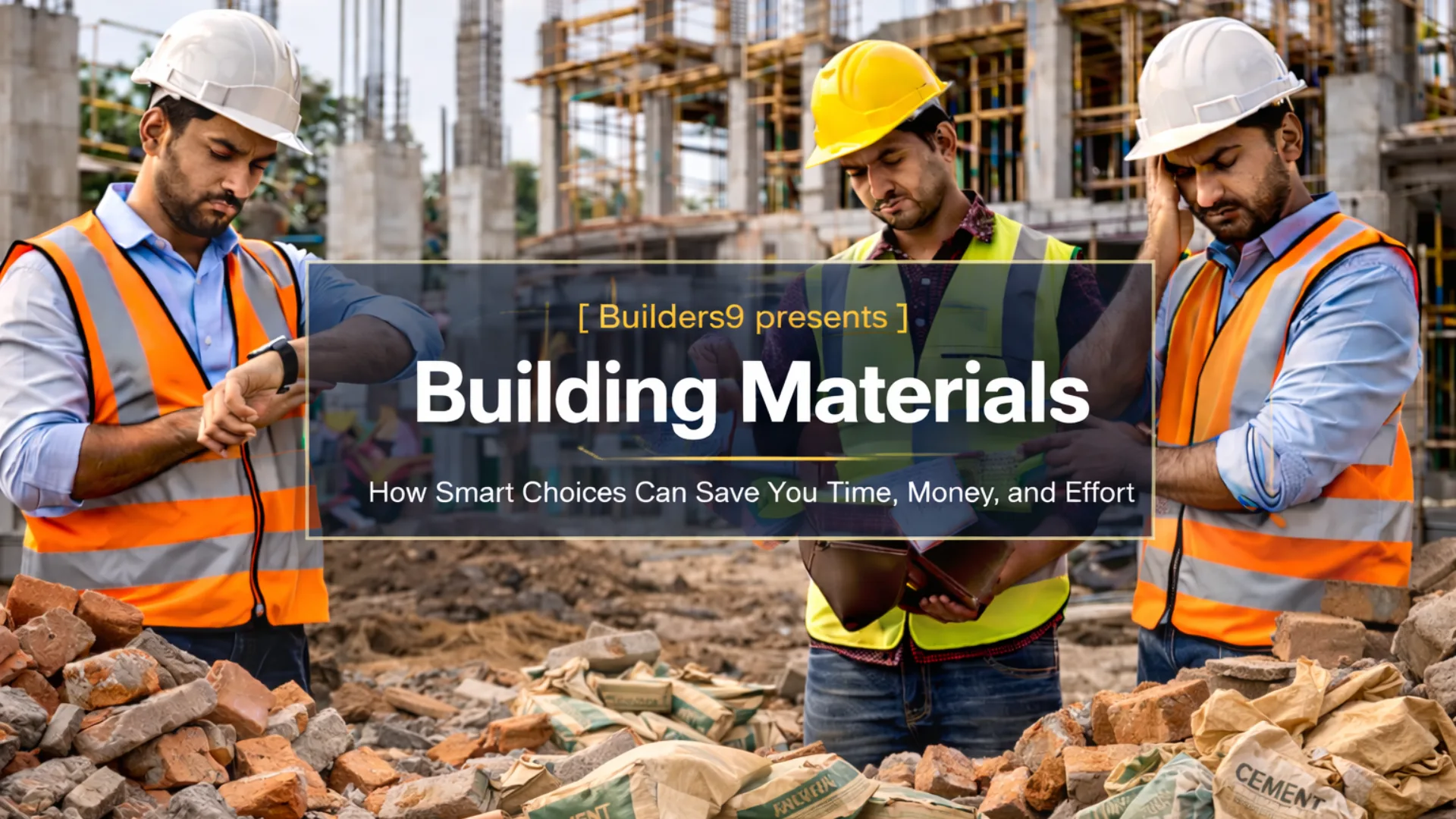Construction workers evaluating building materials at a site, highlighting smart choices to save time, cost, and effort in construction projects