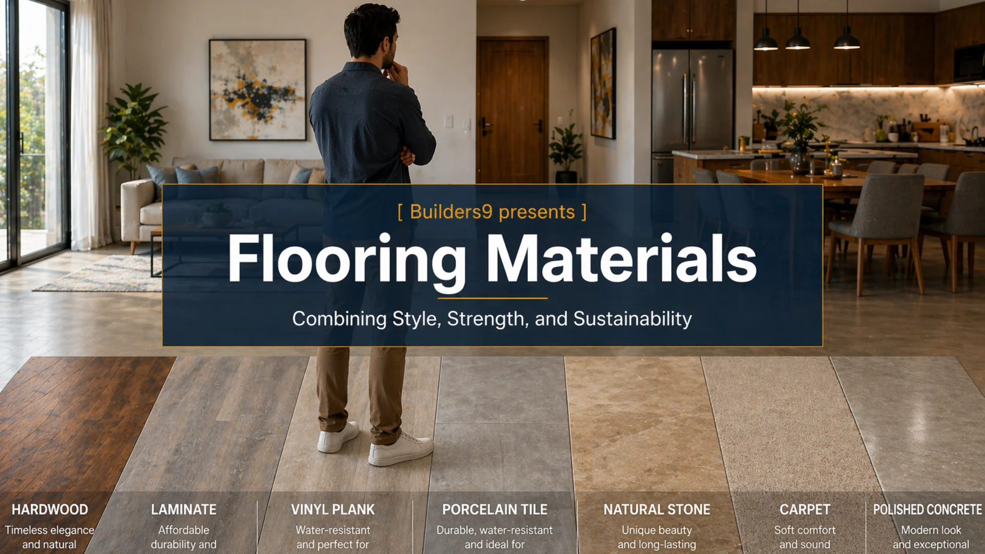 Different flooring materials like hardwood, laminate, vinyl, tiles, stone, and carpet displayed in a modern home interior for comparison