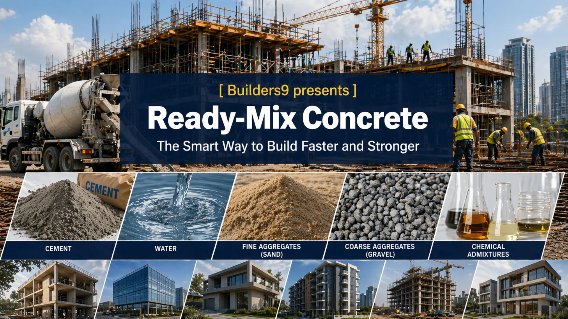 Ready-mix concrete truck at a construction site with materials like cement, sand, gravel, water, and admixtures used for fast and strong building
