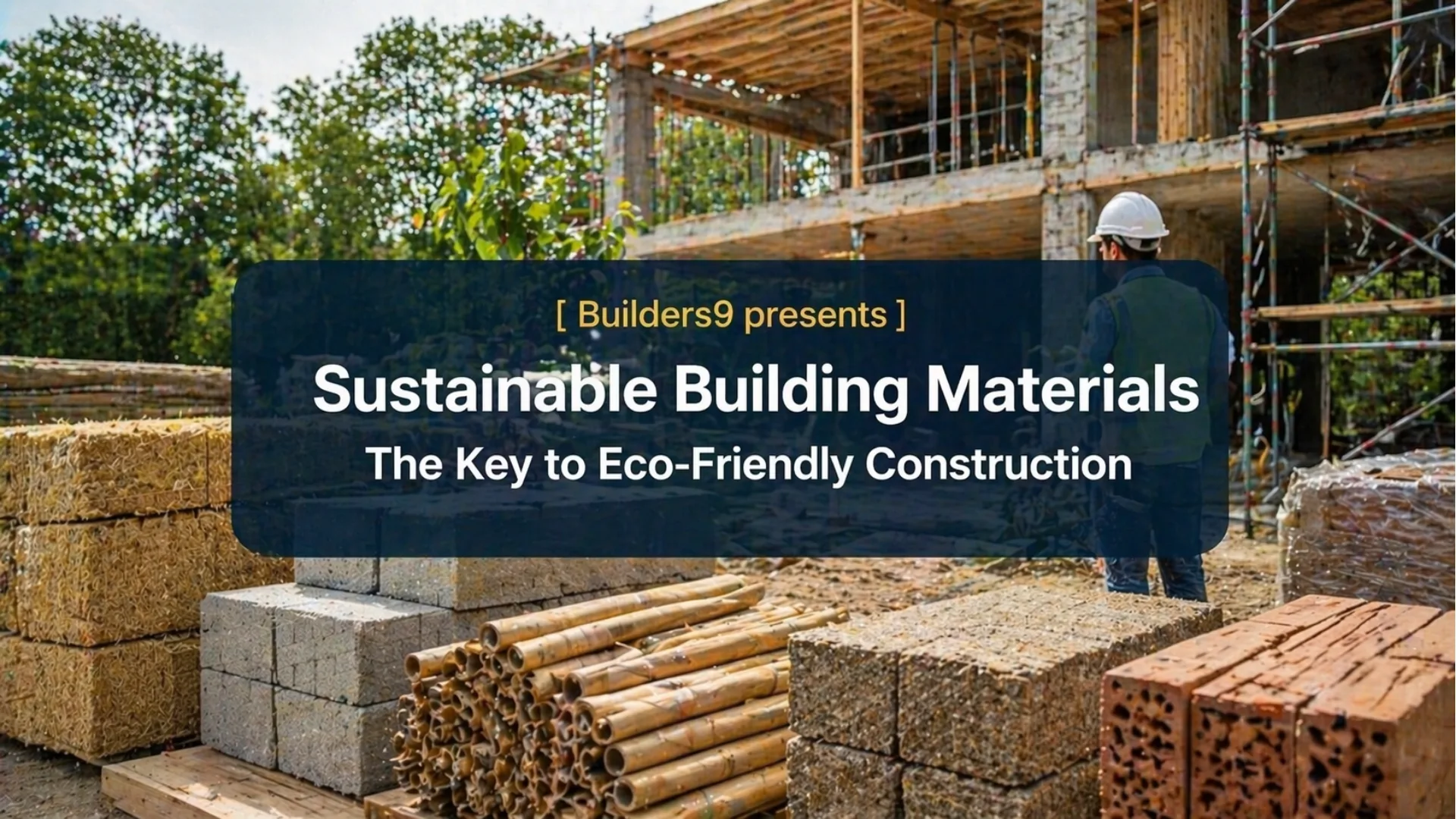 Eco-friendly construction site using sustainable building materials like bamboo, compressed blocks, and natural fibers for green construction