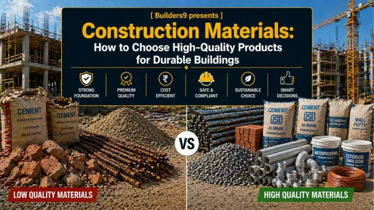 Comparison of low quality vs high quality construction materials including cement, steel, bricks, and pipes at a building site