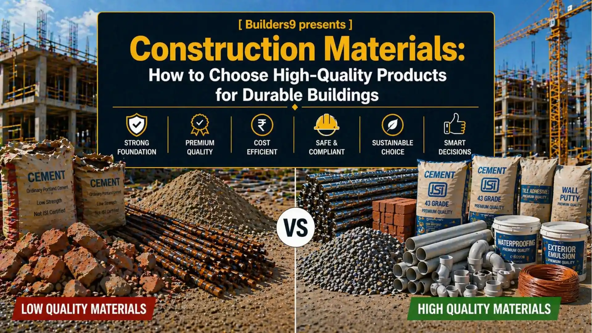 Comparison of low quality vs high quality construction materials including cement, steel, bricks, and pipes at a building site