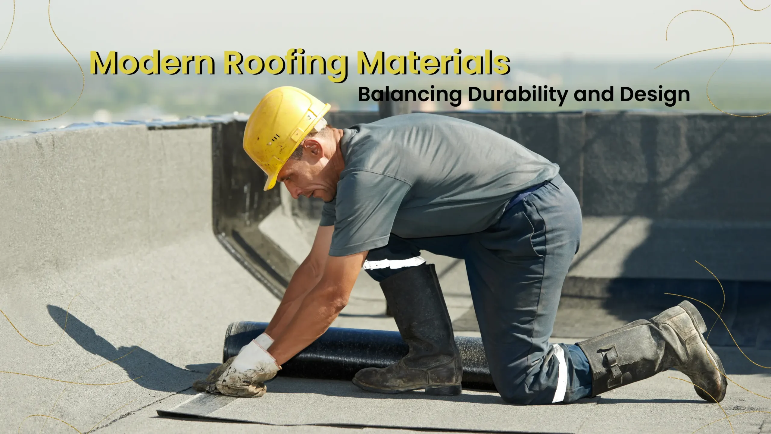 A worker in a yellow hard hat and gloves installs modern roofing materials on a flat roof under clear skies. Text reads: “Modern Roofing Materials: Balancing Durability and Design.”.