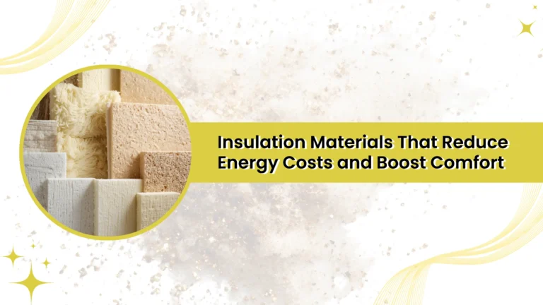 Close-up of assorted insulation materials on the left and a yellow banner with text, “Insulation Materials That Reduce Energy Costs and Boost Comfort,” set against a white and beige speckled background.