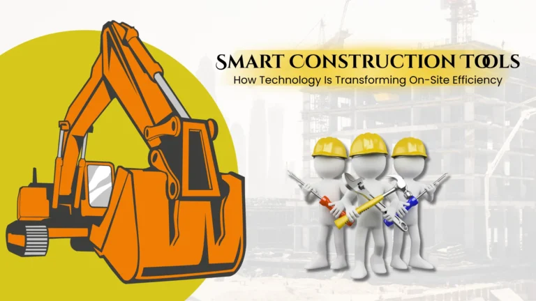 An illustration of an excavator and three construction workers in hard hats holding tools, highlighting smart construction tools and how technology in construction is transforming on-site efficiency, set against a busy construction site background.