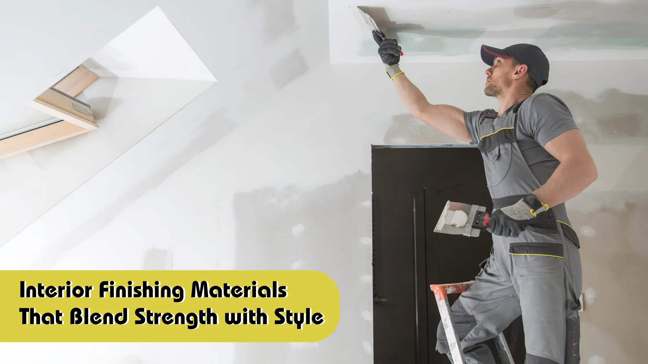 A man in work clothes stands on a ladder, plastering a ceiling in a room under renovation using smart construction tools. Text on the image reads: Interior Finishing Materials That Blend Strength with Style.