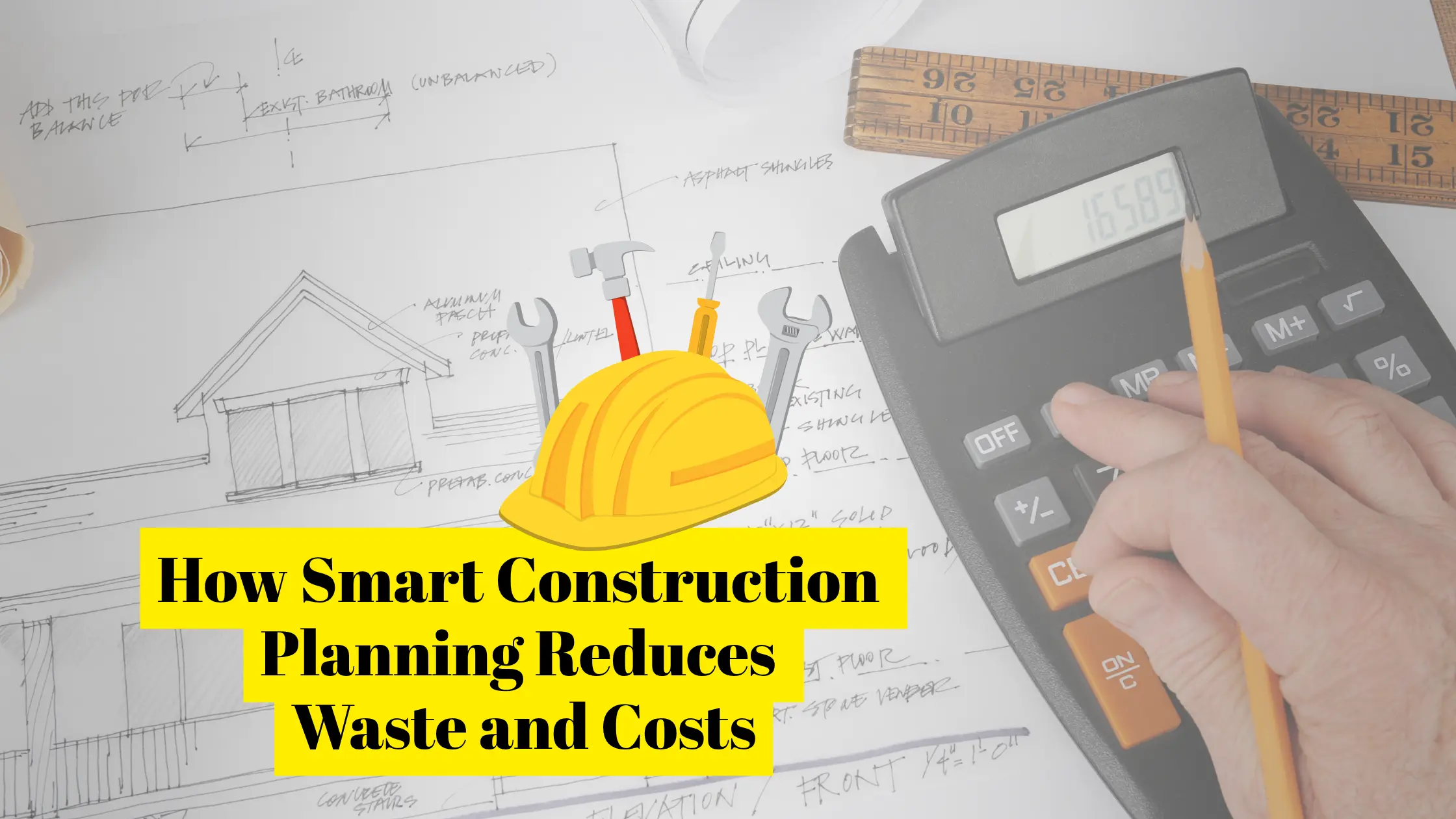 A hand uses a calculator over architectural plans, next to a ruler. An illustration of a hard hat with tools appears above the text: How Smart Construction Tools Improve On-Site Efficiency and Reduce Waste and Costs.