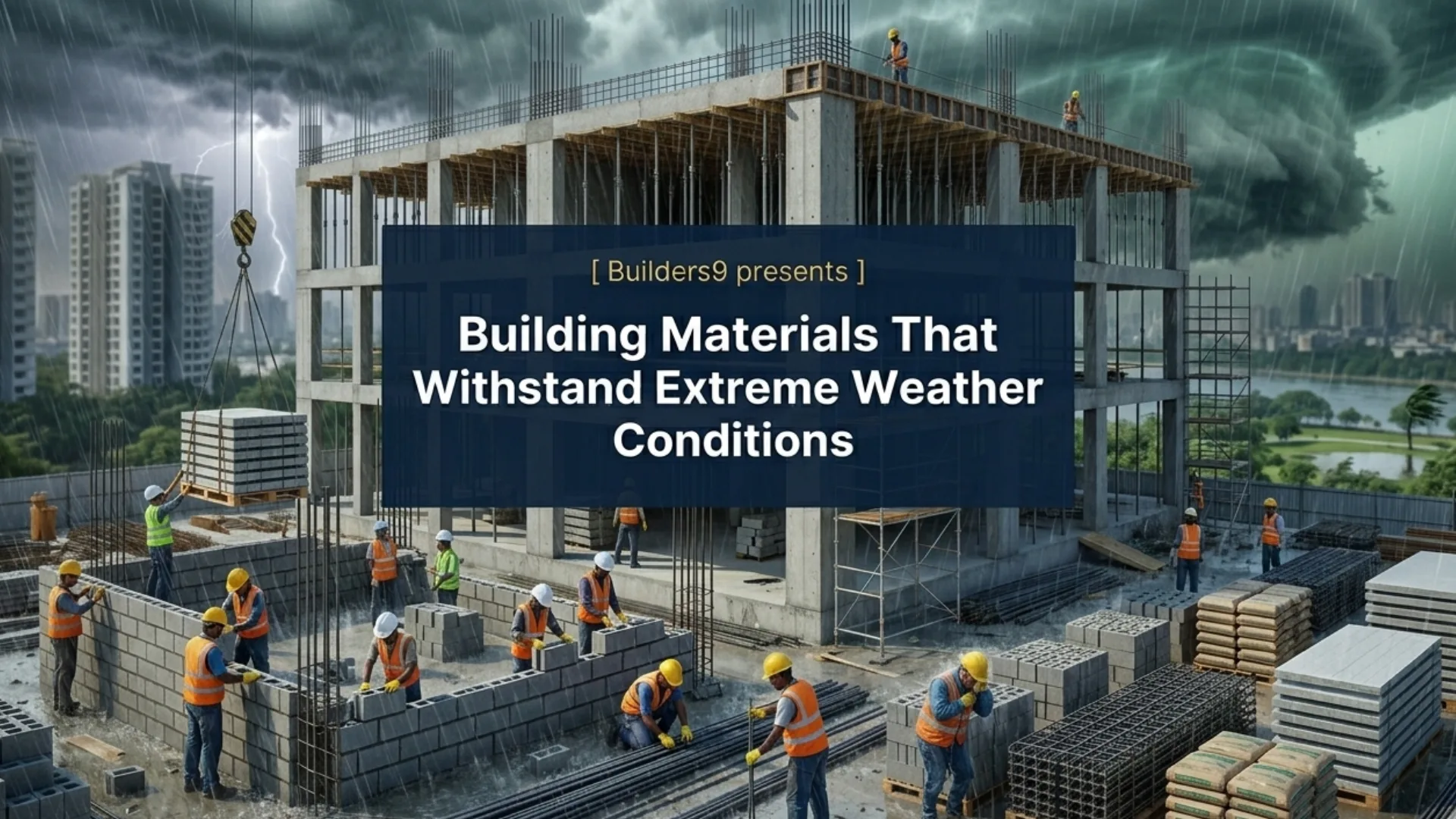 Construction workers building a reinforced concrete structure using durable materials under extreme weather conditions with stormy sky and lightning