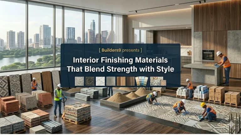 Workers installing interior finishing materials like tiles, wood, and panels in a modern apartment with city view, showcasing stylish and durable designs