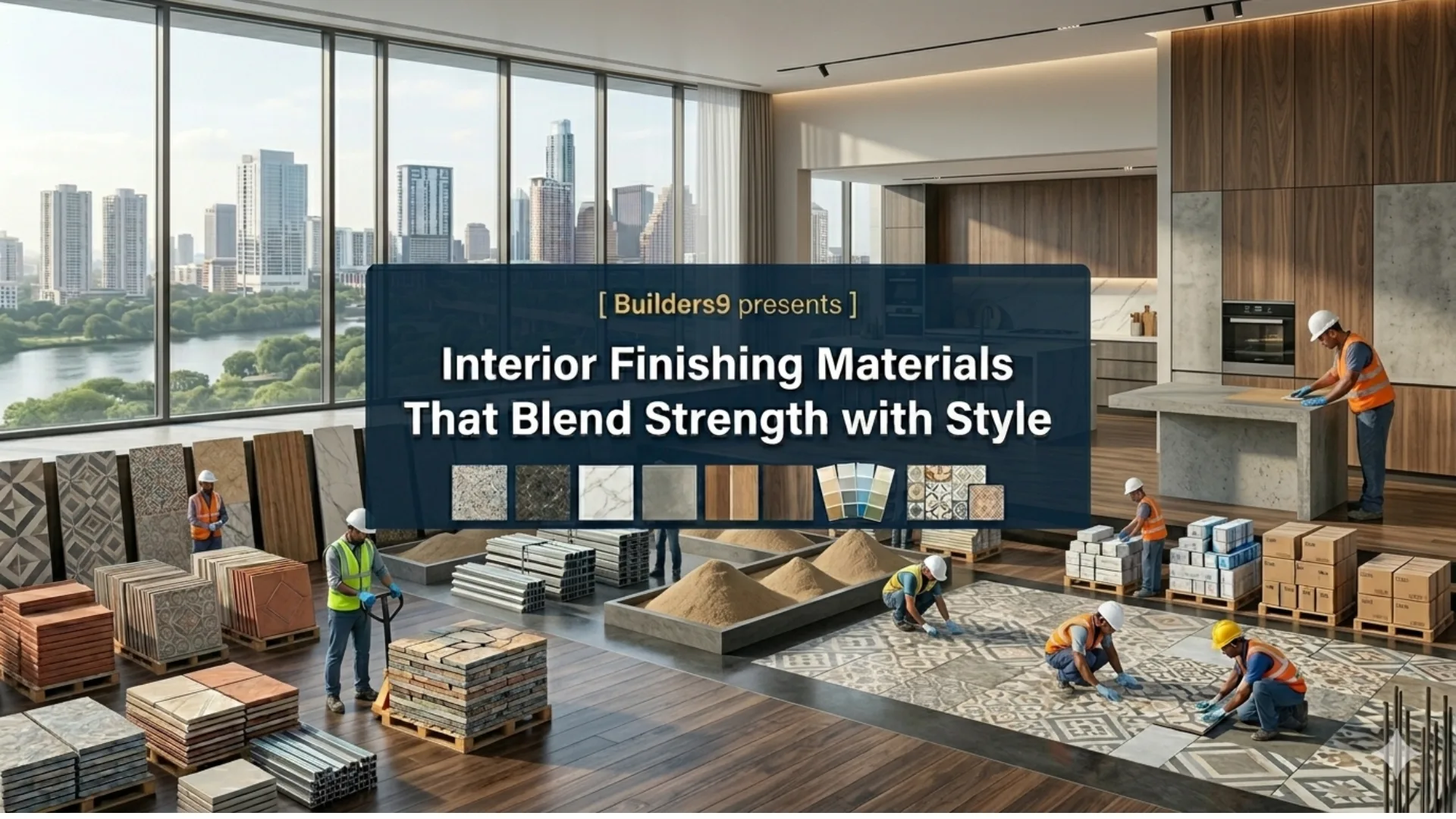Workers installing interior finishing materials like tiles, wood, and panels in a modern apartment with city view, showcasing stylish and durable designs