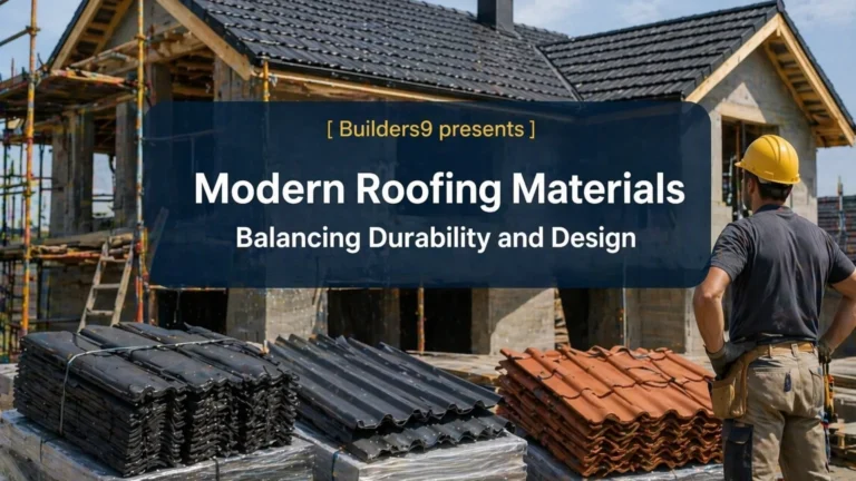 Modern roofing materials like metal sheets and clay tiles at a construction site, highlighting durable and stylish roof design options