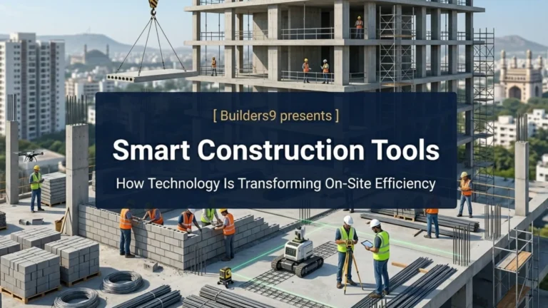 Construction site using smart tools like drones, robotic equipment, and digital measuring devices to improve efficiency and accuracy in modern building projects