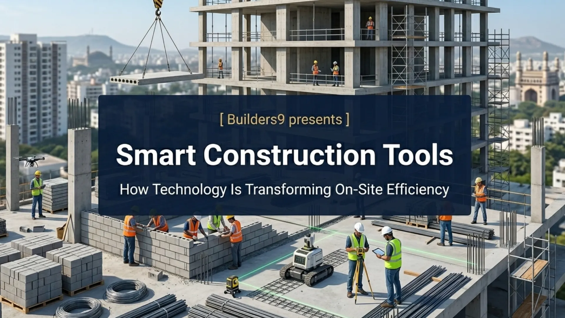 Construction site using smart tools like drones, robotic equipment, and digital measuring devices to improve efficiency and accuracy in modern building projects