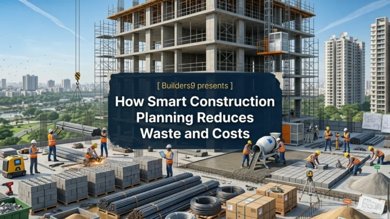 Construction site with workers using modern equipment and materials, showcasing smart construction planning to reduce waste and costs in urban development