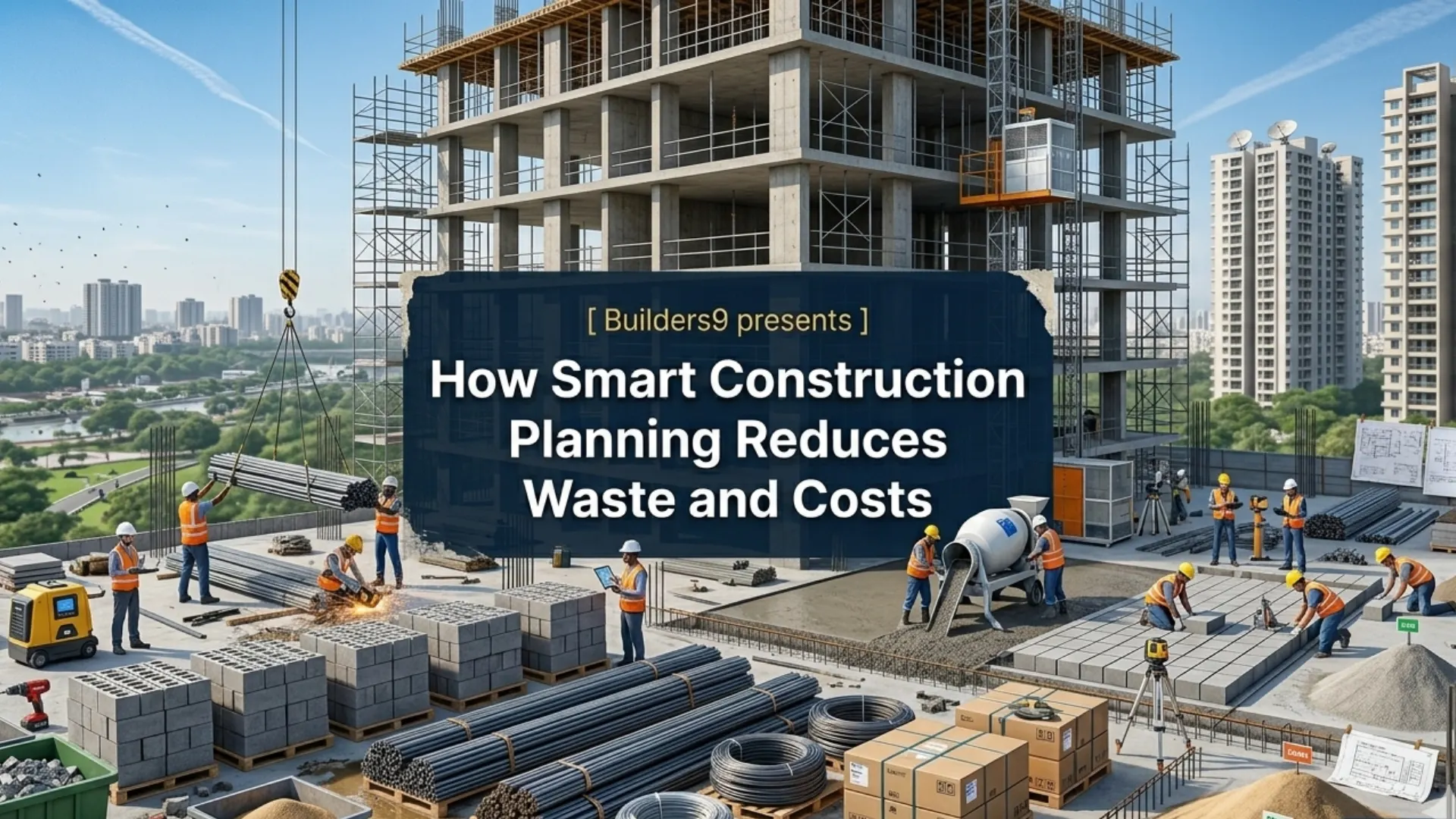 Construction site with workers using modern equipment and materials, showcasing smart construction planning to reduce waste and costs in urban development