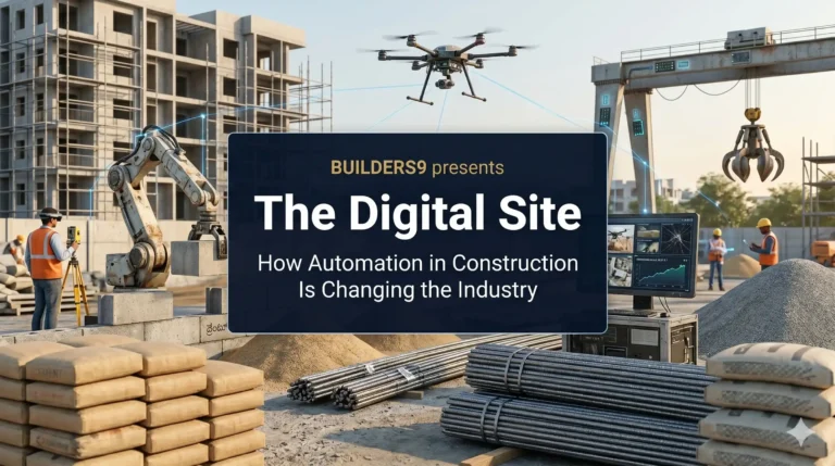 A person and a robot interact with a large computer screen displaying charts and gears. Digital buildings and gears are in the background. Text reads: The Digital Site: How automation in construction is changing the industry.