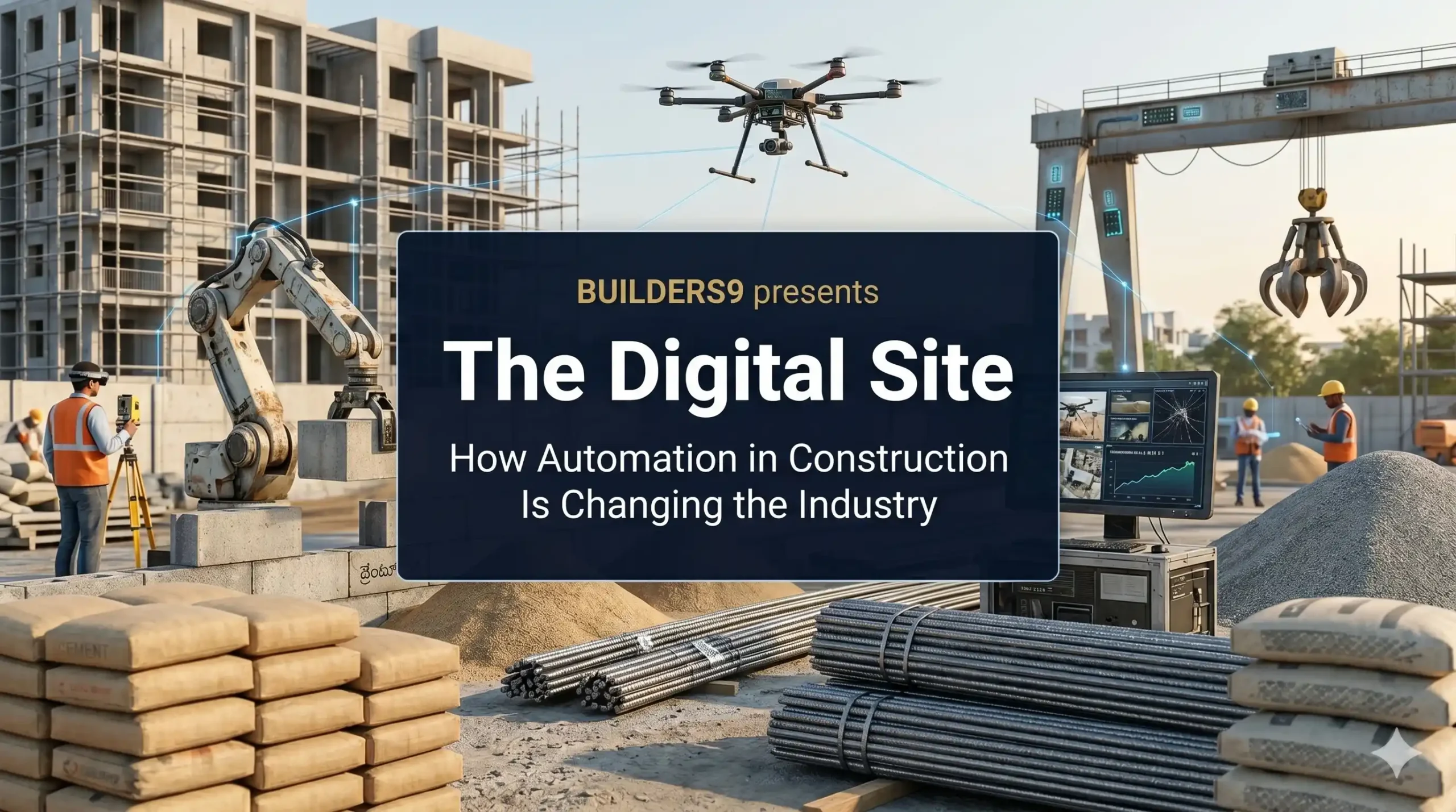 A person and a robot interact with a large computer screen displaying charts and gears. Digital buildings and gears are in the background. Text reads: The Digital Site: How automation in construction is changing the industry.