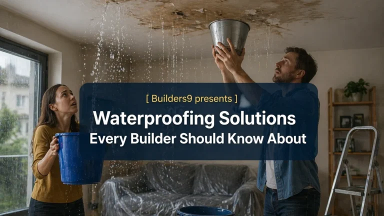 Leaking ceiling inside a home with water dripping as people try to collect water in buckets, highlighting the need for waterproofing solutions